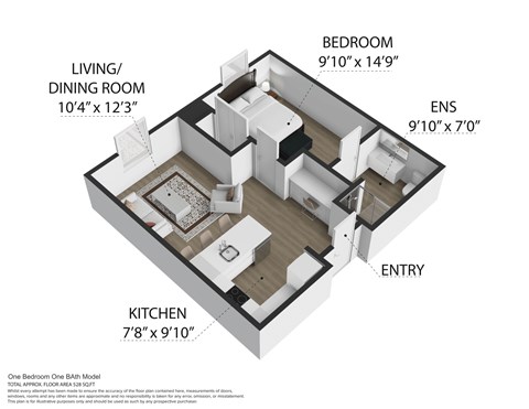 A floor plan of a one bedroom one bath model apartment.